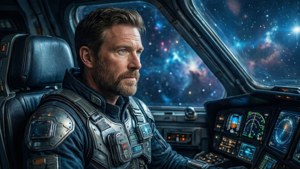 David Keith en tant que pilote de vaisseau spatial contemplant les étoiles