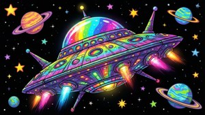 Et psykedelisk romskip med regnbuefargede romvesener i verdensrommet, i Lisa Frank-stil.