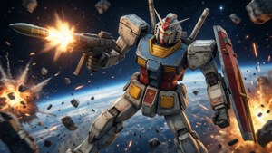 Heavyarms Gundam firing in space.