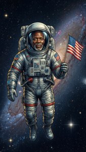 Barry B Benson als astronaut in de ruimte met sterren en een vlag