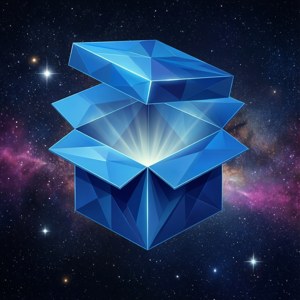 An abstract geometric wallpaper of a blue box floating in a starry nebula.