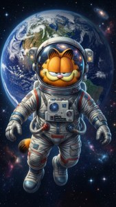 Katten Garfield i en romdrakt flytende foran jorden og stjerner.