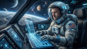 Astronautti koodaa holografisella näppäimistöllä avaruusaluksen ohjaamossa