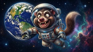 Taz udforsker rummet i et sjovt astronautdragt.