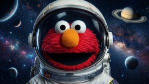 Elmon pää astronauttikypärässä ulkoavaruudessa, tähtiä ja planeettoja ympärillä, kosminen seikkailu.