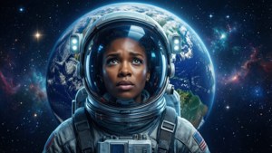 Kiyah Wright som astronaut som flyter i verdensrommet med jorden bak
