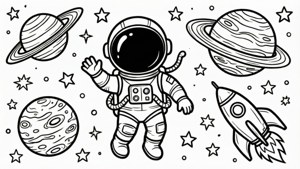 Space themed coloring page with astronaut and planets