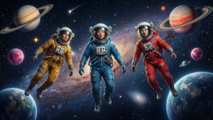 Three astronauts in colorful suits floating among planets and stars in space