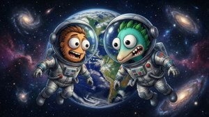 Mordecai and Rigby on a space adventure