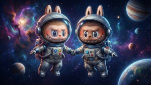 Bubu en Dudu reizen door de kosmos in bijpassende ruimtepakken.