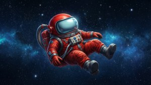Rød besetningskamerat som flyter i verdensrommet med stjerner, vakker sci-fi-bakgrunn.