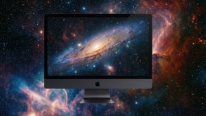 iMac Pro svævende i rummet med stjerner og tåge, surrealistisk