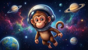 A fun cartoon monkey as an astronaut in space.