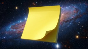 Surreales 3D-Hintergrundsbild eines riesigen gelben Post-it-Zettels, der im Weltraum schwebt.