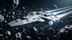 Ett futuristiskt rymdskepp navigerar genom ett tätt asteroidfält med glödande thruster-spår