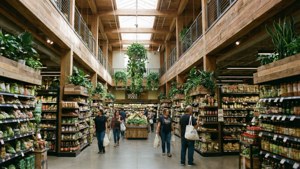 Pemandangan interior yang mengundang dari Whole Foods Market dengan dekorasi alami