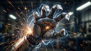 Robot håndklo med gnister og elektriske lysbuer i verksted.