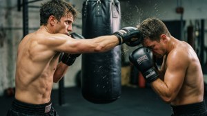 Dynamisk actionskudd av to kickboxere som sparring i et røft treningsstudio