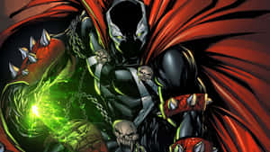 A comic book villain in black armor and red cape unleashing green energy. — Batman Cartoon Picture
