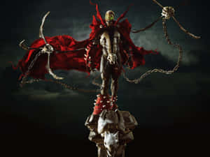 Skeletal warrior with red cape and chains standing on skull-adorned pedestal in stormy sky — Superhero Collage Picture