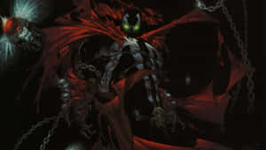 Skeletal figure with glowing eyes and red cape chained in darkness.