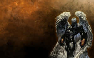 A dark armored angel with large white wings against a fiery orange background. — Batman Cartoon Picture