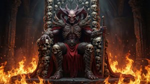 Spawn rules from a throne of skulls in a hellish landscape.