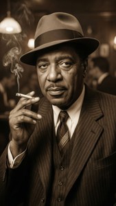 Retrato speakeasy dos anos 1920 de Duke Ellington com fedora e cigarro
