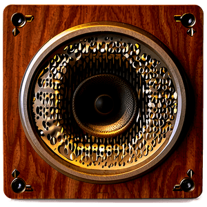 Close-up of a vintage brass grille speaker with wood casing and warm lighting.