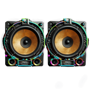 Two high-end speakers with rainbow LED lights and golden cones mounted on a dark wall.