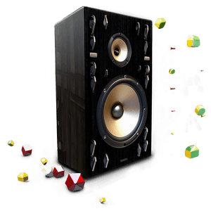 A black speaker surrounded by floating glowing geometric cubes in a dark space.