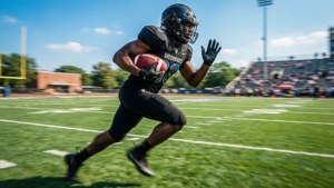 Football player running with ball on grass field during daytime game. — Treylon Burks Wallpaper