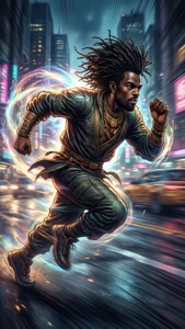 En mann med dreadlocks løper gjennom en neonby med glødende energispor. — Obanai Bakgrunner