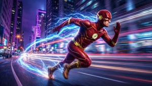 The Flash courant dans une ville futuriste au néon avec traînée de vitesse