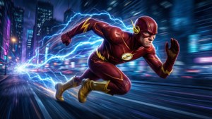 Barry Allen melesat melewati kota neon dalam wallpaper animasi DC epik ini.