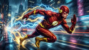The Flash corre por uma cidade iluminada por neon com rastros elétricos de velocidade em uma cena vibrante inspirada em quadrinhos