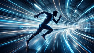 Juoksija sprinttaa hehkuvan futuristisen tunnelin läpi, jossa on valojuovia.