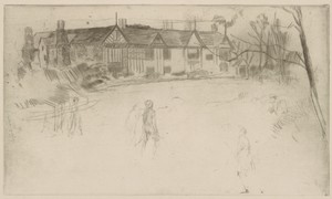 Speke Hall by James McNeill Whistler, created 1875, in Drypoint; ink on paper. Download this artwork as a high-resolution wallpaper for desktop, tablet, or mobi — James McNeill Whistler Wallpaper