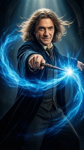 Lockhart in action casting a spell with dramatic flair.