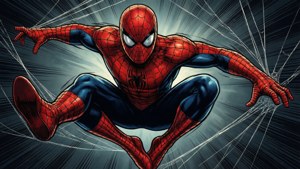 Dynamic mid-air spin of Tobey Maguire Spider-Man with web lines radiating in comic book style.