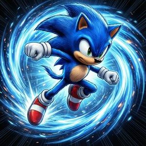 Sonic the Hedgehog che corre ad alta velocità attraverso un anello di energia blu.