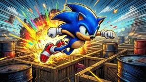 Sonic spindasher gennem olietønder med gnisteksplosioner.