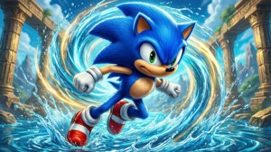Sonic unleashes a spin attack in the ancient underwater ruins of Tidal Tempest.