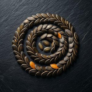 Græskarfrø omhyggeligt arrangeret i en spiral på skifer, minimalistisk æstetik.