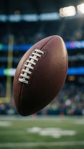 Un pallone da football in volo con atmosfera da stadio, perfetto per gli appassionati di sport.