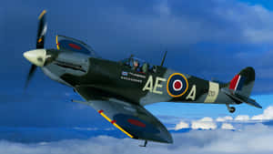 Vintage Spitfire fighter plane flying above clouds with pilot visible.