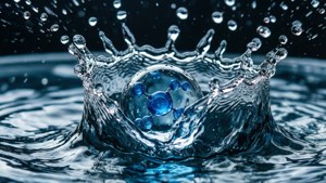 Een watermolecuul te midden van een dramatische plons, bevroren in beweging.