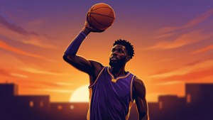 Basketball player in purple jersey shooting at sunset over city skyline. — Coby White Picture