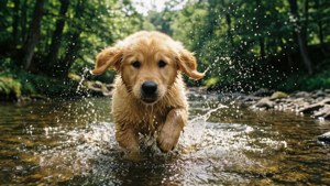 Um papel de parede cinematográfico dinâmico de Ballu, o filhote de golden retriever, brincando em um riacho da floresta com respingos de água cintilantes.