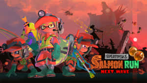 Personajes de Splatoon 3 Salmon Run con equipo rojo listos para la batalla al atardecer. — Animación de Juegos Fondos de pantalla